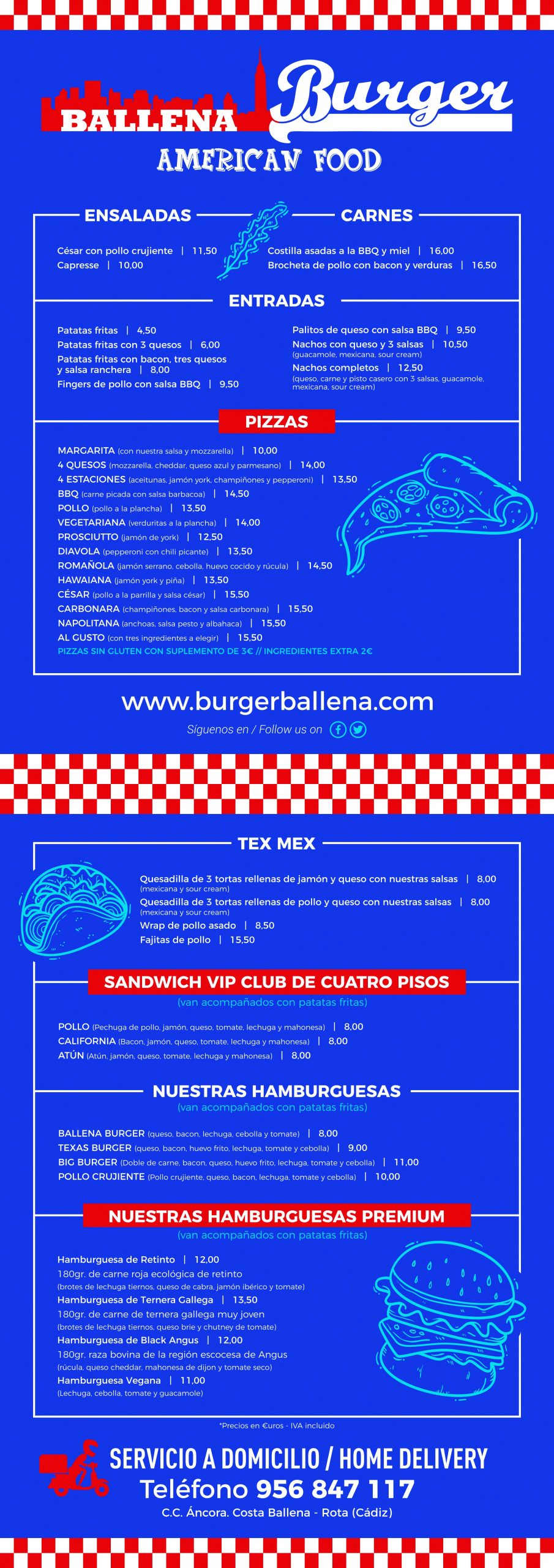 carta del restaurante arroceria Burgerballena en Rota, Cadiz